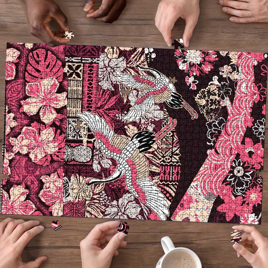 Japanese Hawaiian Crane Puzzle Soft Pink Tapa Patchwork Pattern LT9 - Polynesian Pride