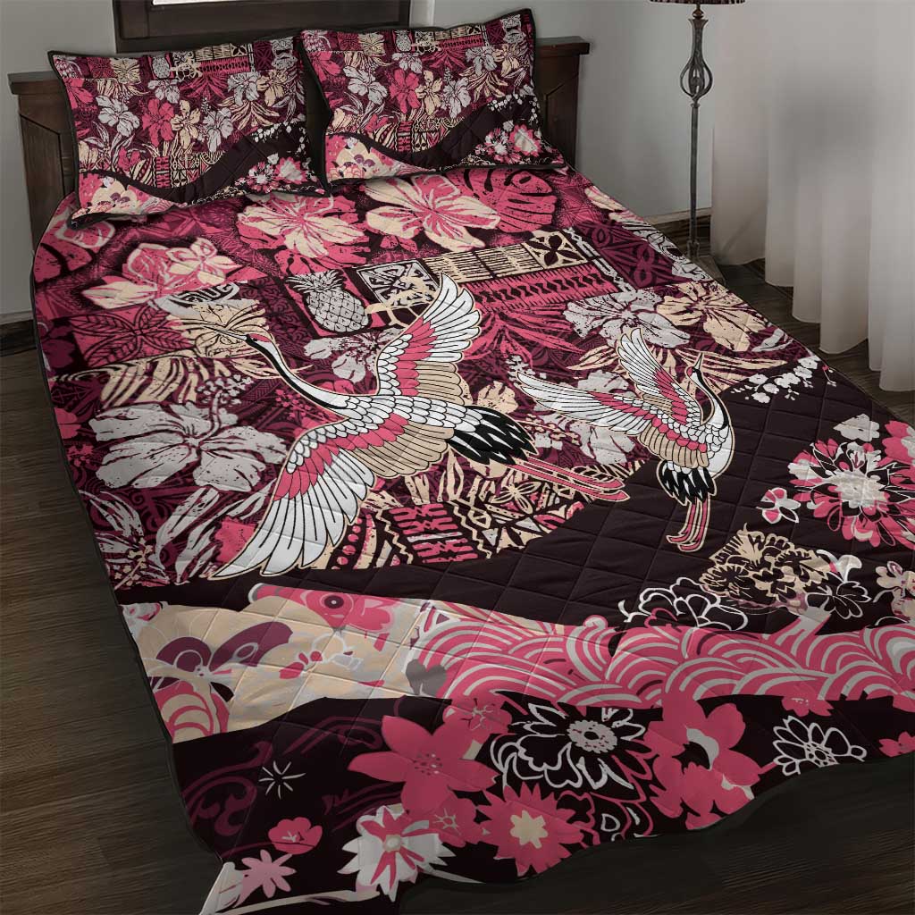 Japanese Hawaiian Crane Quilt Bed Set Soft Pink Tapa Patchwork Pattern LT9 Pink - Polynesian Pride