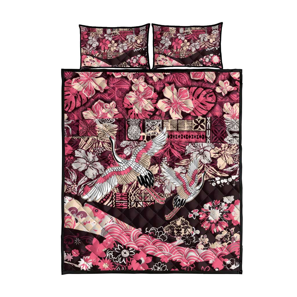 Japanese Hawaiian Crane Quilt Bed Set Soft Pink Tapa Patchwork Pattern LT9 - Polynesian Pride