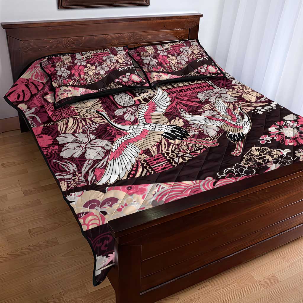 Japanese Hawaiian Crane Quilt Bed Set Soft Pink Tapa Patchwork Pattern LT9 - Polynesian Pride