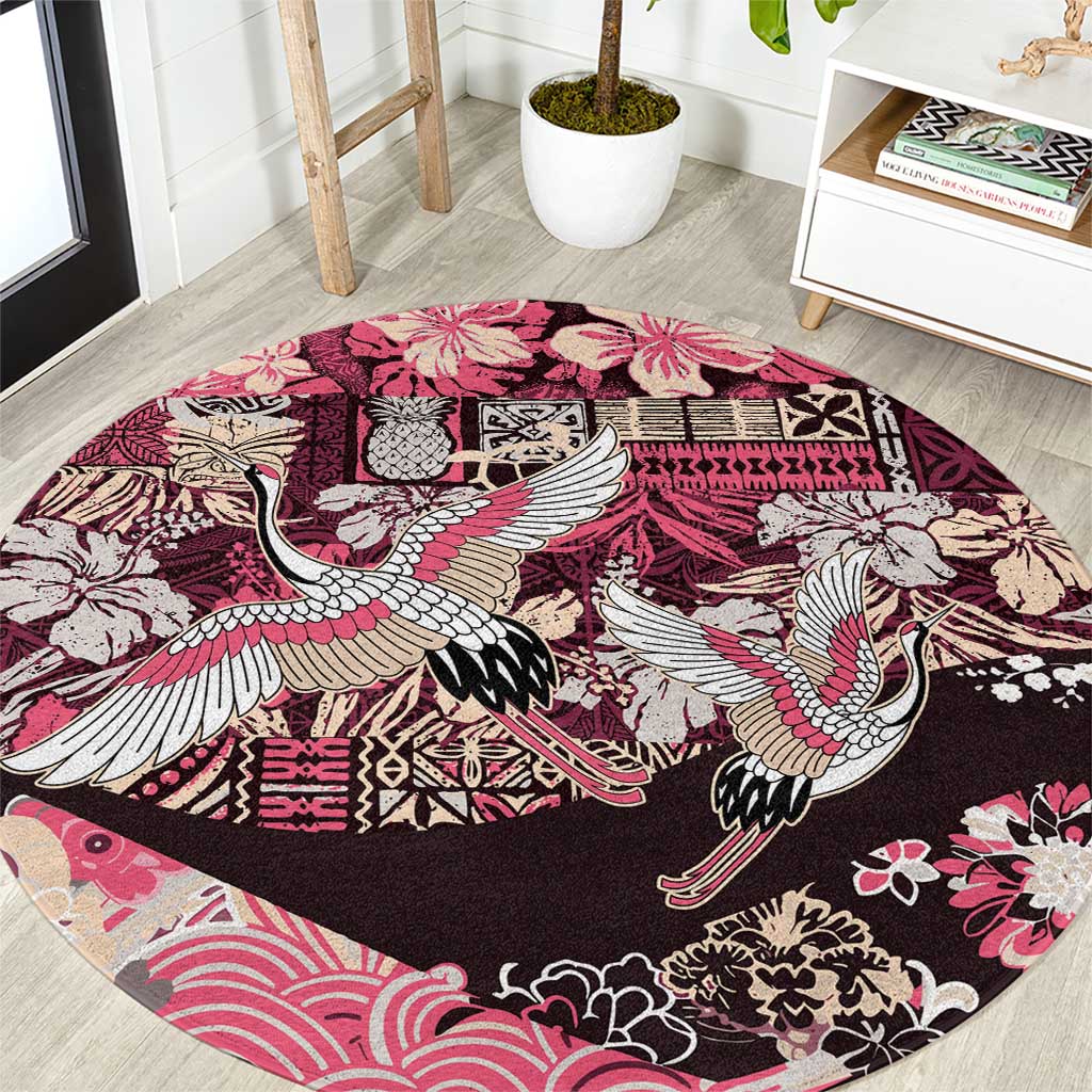 Japanese Hawaiian Crane Round Carpet Soft Pink Tapa Patchwork Pattern LT9 Pink - Polynesian Pride