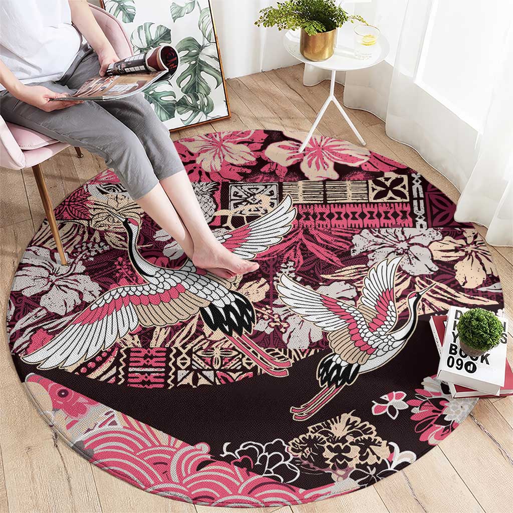Japanese Hawaiian Crane Round Carpet Soft Pink Tapa Patchwork Pattern LT9 - Polynesian Pride