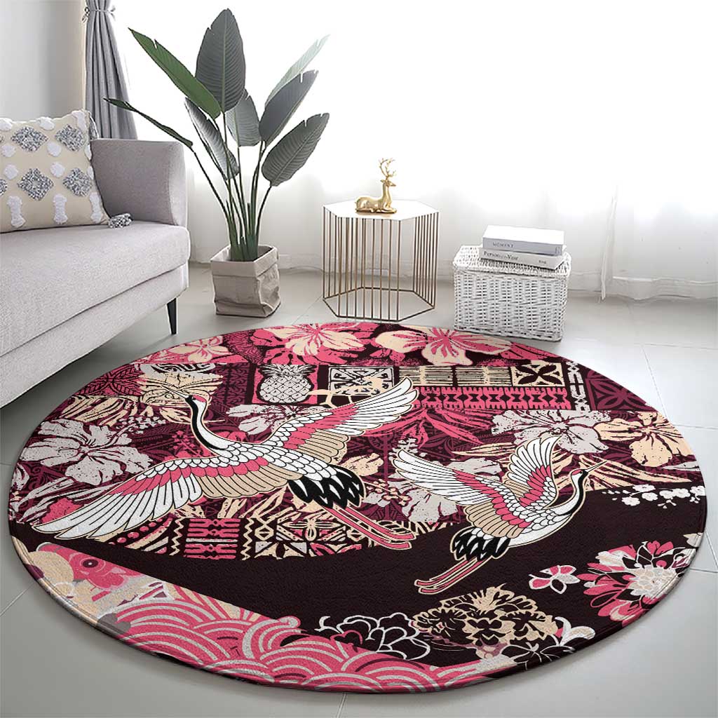 Japanese Hawaiian Crane Round Carpet Soft Pink Tapa Patchwork Pattern LT9 - Polynesian Pride