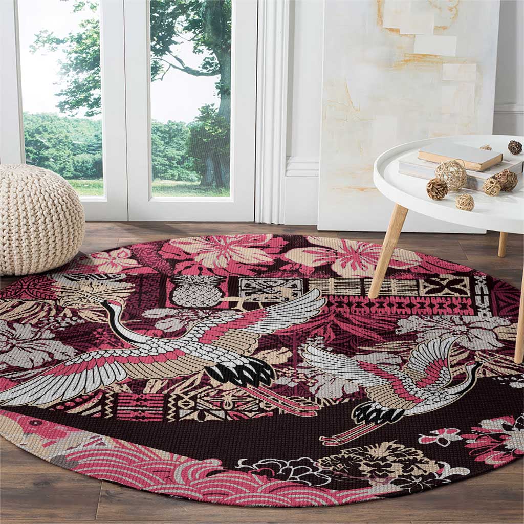 Japanese Hawaiian Crane Round Carpet Soft Pink Tapa Patchwork Pattern LT9 - Polynesian Pride