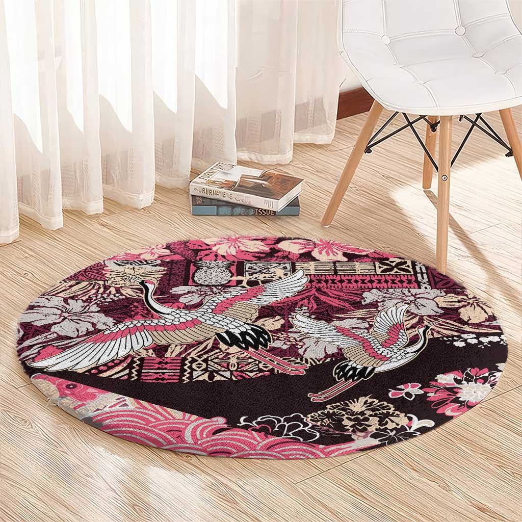 Japanese Hawaiian Crane Round Carpet Soft Pink Tapa Patchwork Pattern LT9 - Polynesian Pride