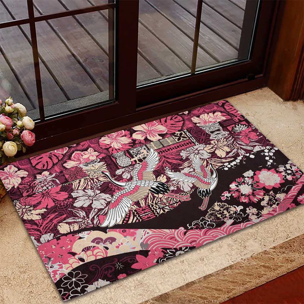 Japanese Hawaiian Crane Rubber Doormat Soft Pink Tapa Patchwork Pattern LT9 - Polynesian Pride