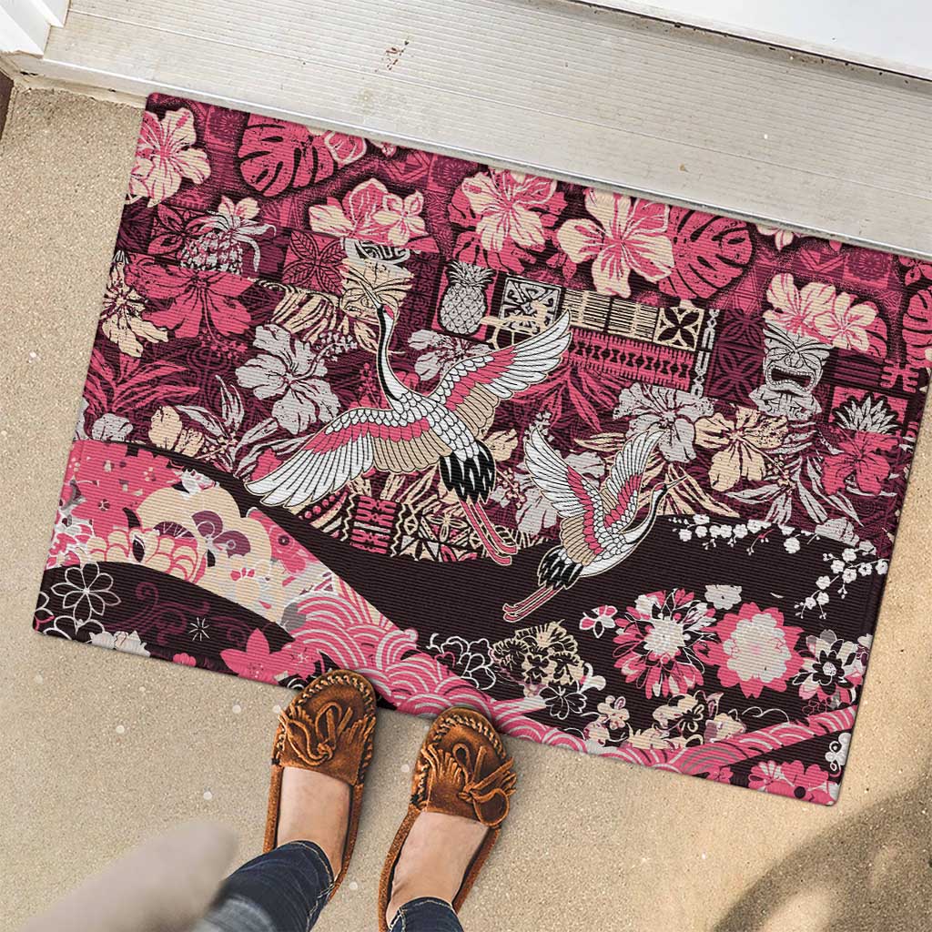 Japanese Hawaiian Crane Rubber Doormat Soft Pink Tapa Patchwork Pattern LT9 - Polynesian Pride