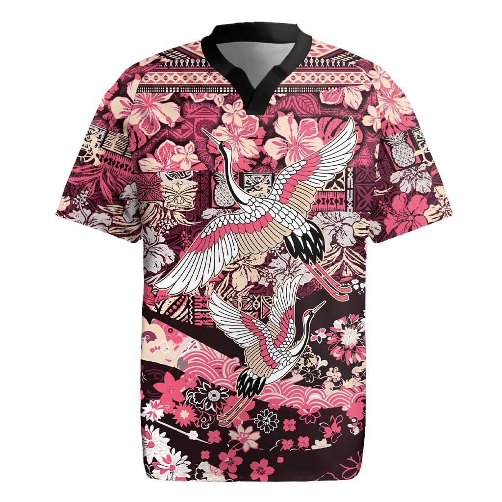Japanese Hawaiian Crane Rugby Jersey Soft Pink Tapa Patchwork Pattern LT9 Pink - Polynesian Pride