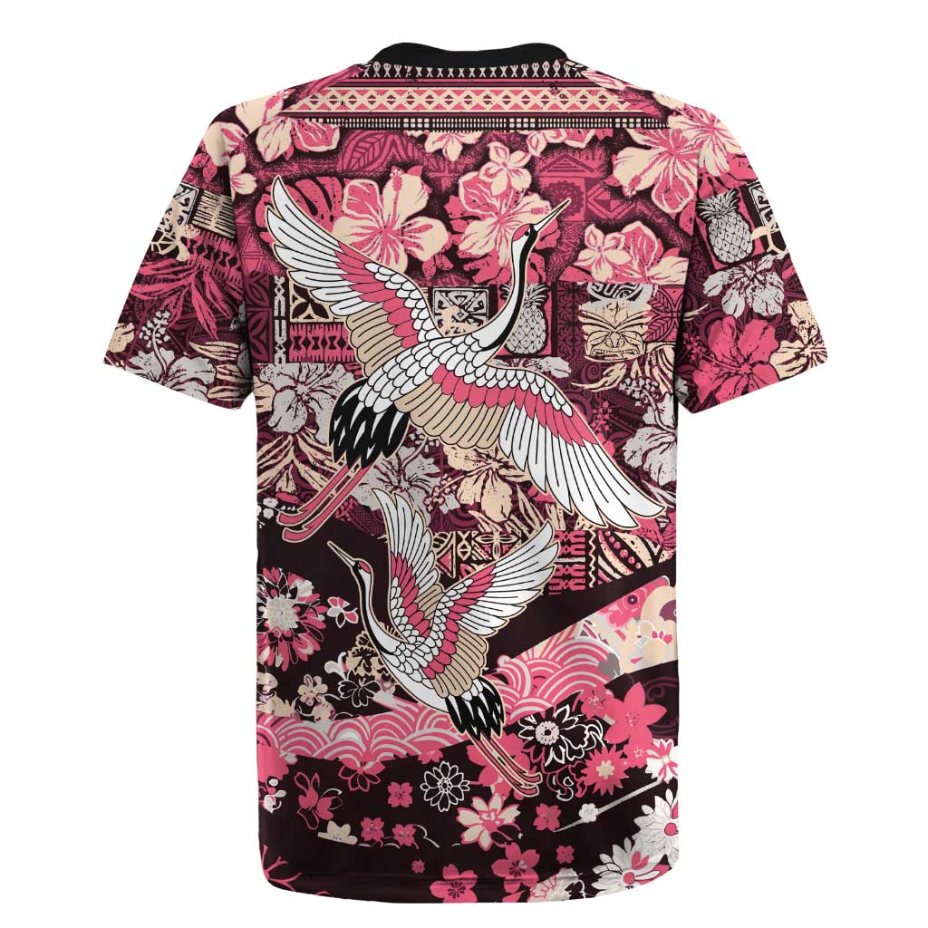 Japanese Hawaiian Crane Rugby Jersey Soft Pink Tapa Patchwork Pattern LT9 - Polynesian Pride