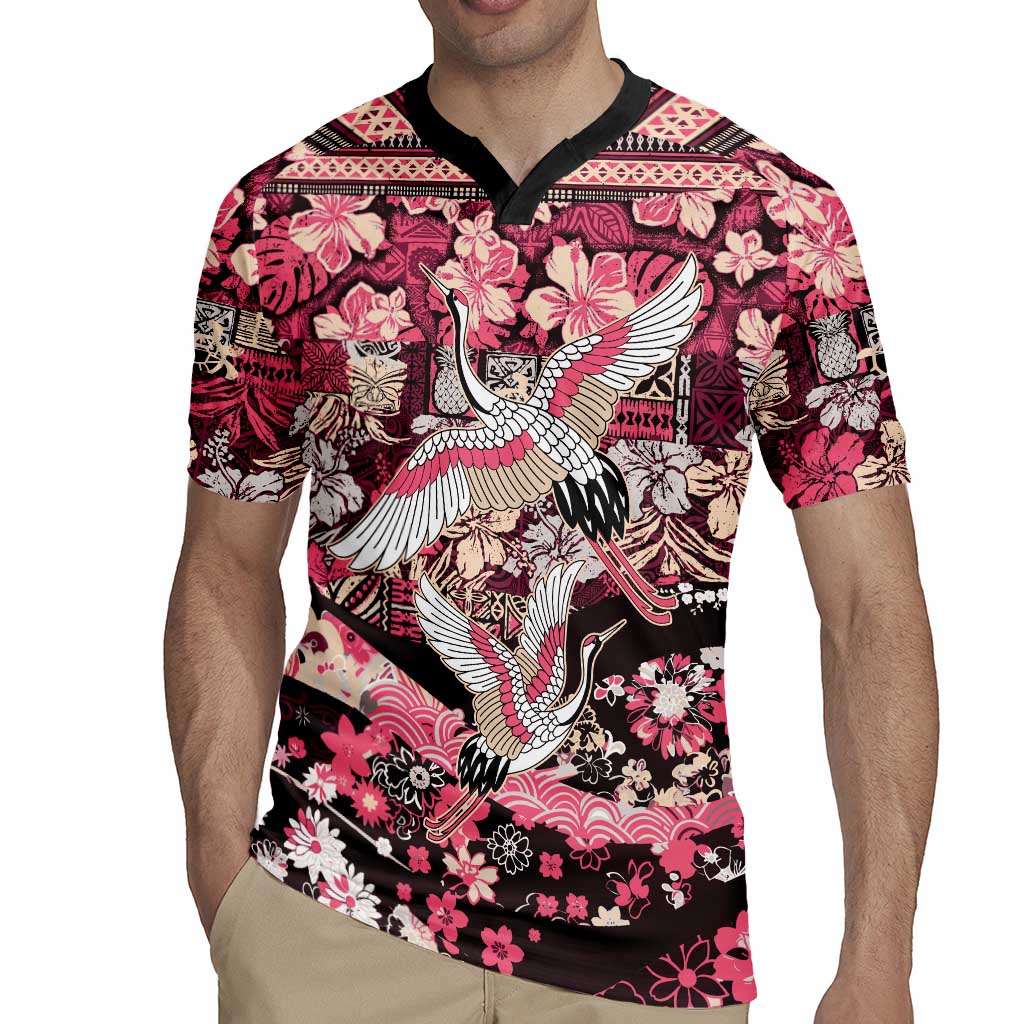 Japanese Hawaiian Crane Rugby Jersey Soft Pink Tapa Patchwork Pattern LT9 - Polynesian Pride