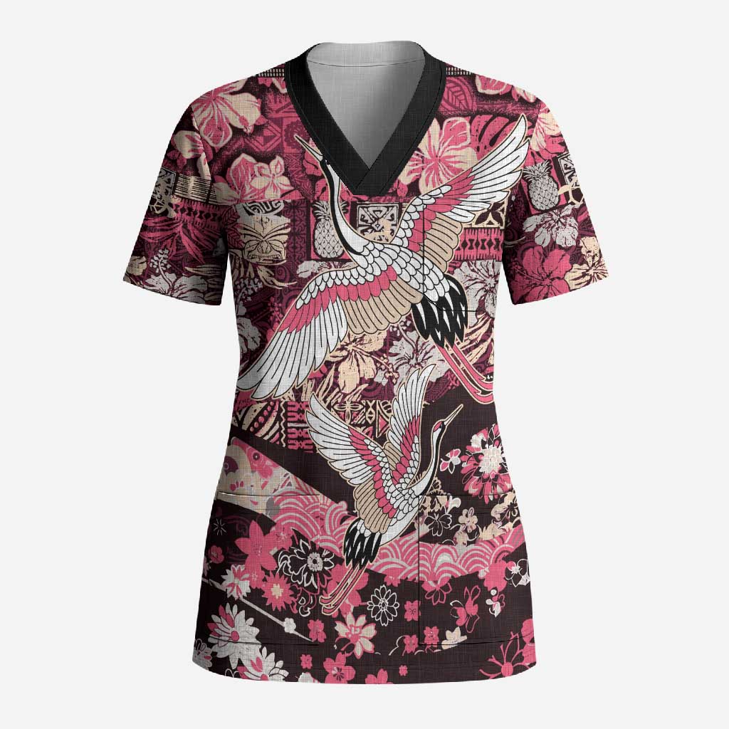 Japanese Hawaiian Crane Scrub Top Soft Pink Tapa Patchwork Pattern LT9 Adult Pink - Polynesian Pride