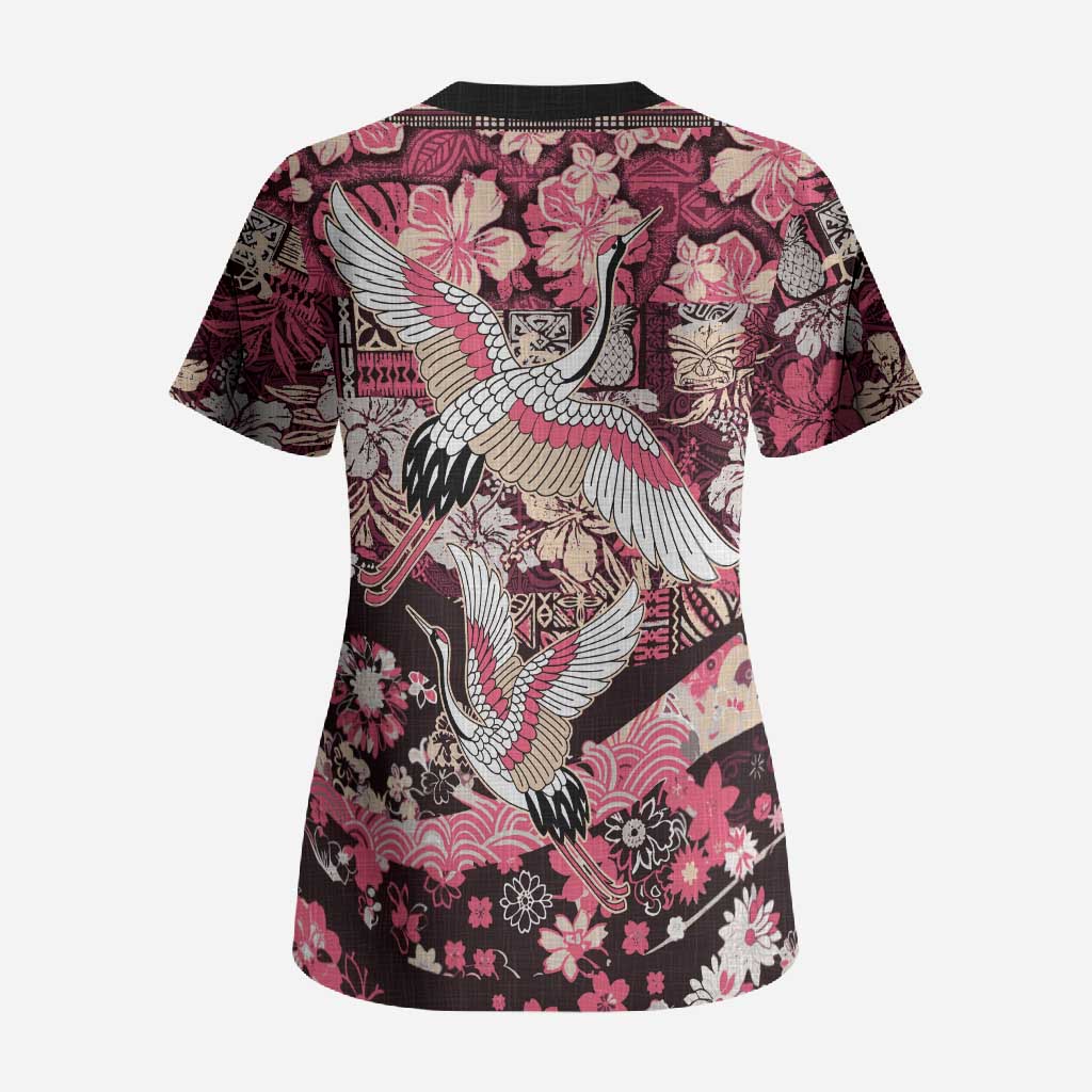 Japanese Hawaiian Crane Scrub Top Soft Pink Tapa Patchwork Pattern LT9 - Polynesian Pride