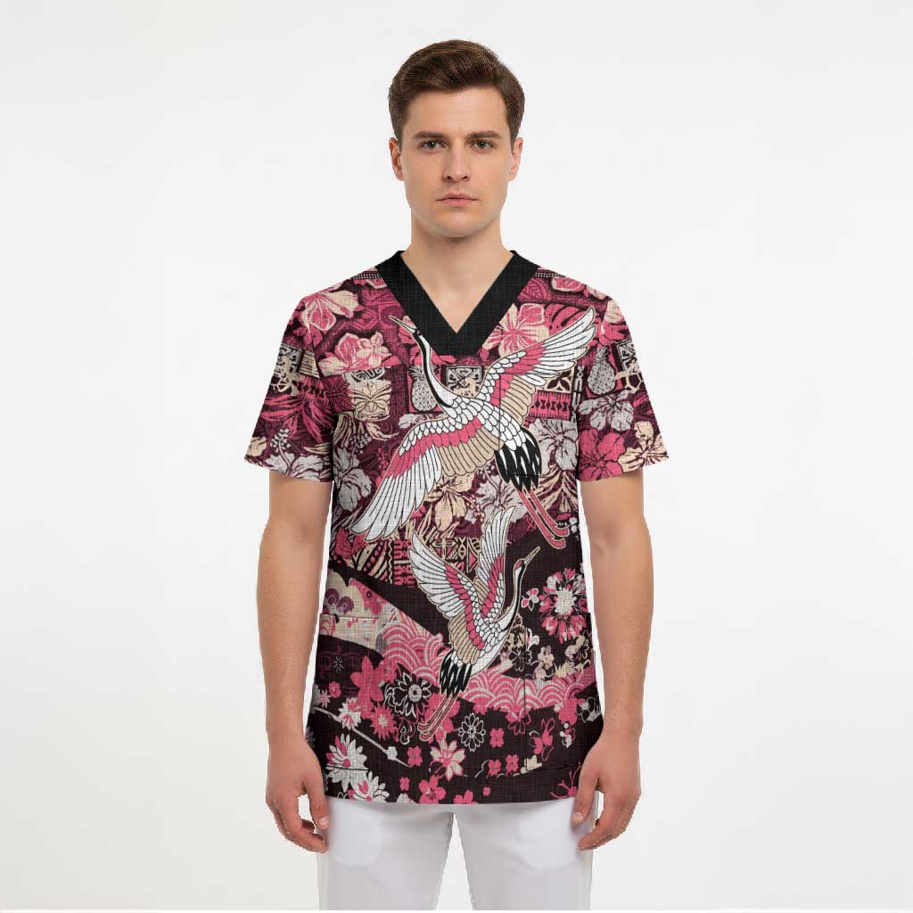 Japanese Hawaiian Crane Scrub Top Soft Pink Tapa Patchwork Pattern LT9 - Polynesian Pride