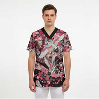 Japanese Hawaiian Crane Scrub Top Soft Pink Tapa Patchwork Pattern LT9 - Polynesian Pride