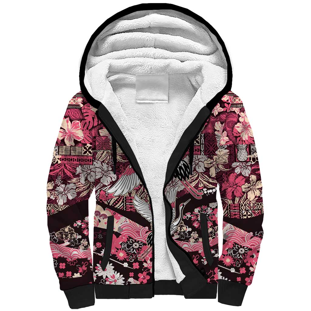Japanese Hawaiian Crane Sherpa Hoodie Soft Pink Tapa Patchwork Pattern LT9 Unisex Pink - Polynesian Pride