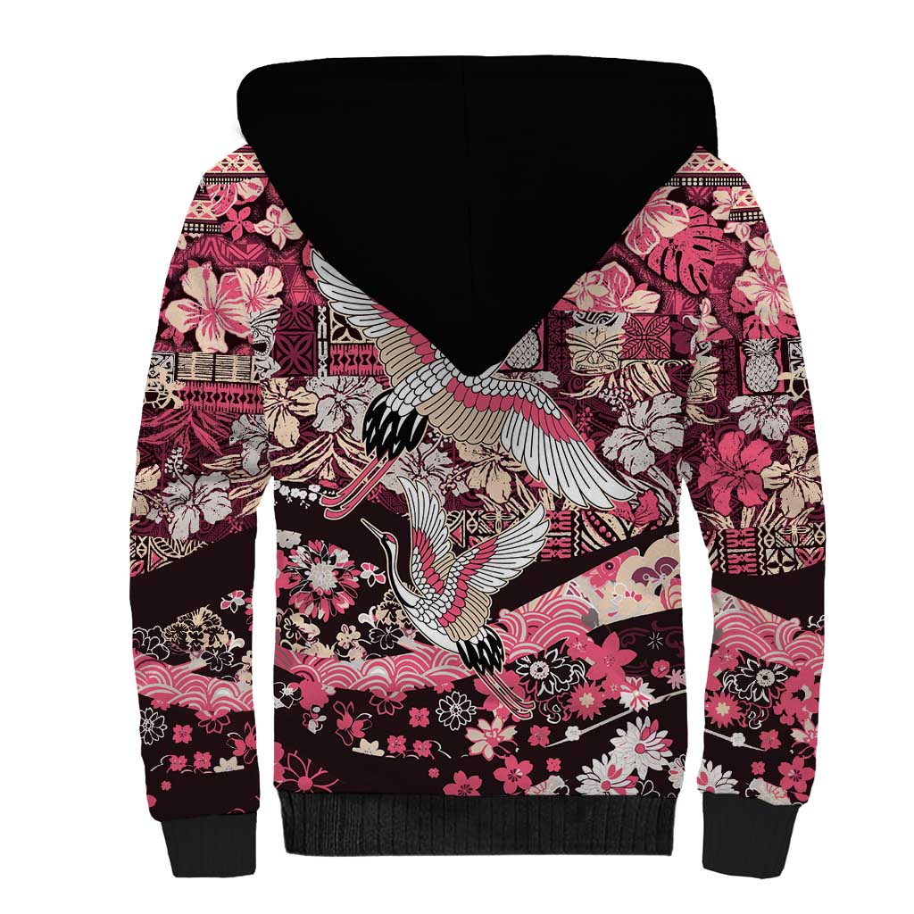 Japanese Hawaiian Crane Sherpa Hoodie Soft Pink Tapa Patchwork Pattern LT9 - Polynesian Pride