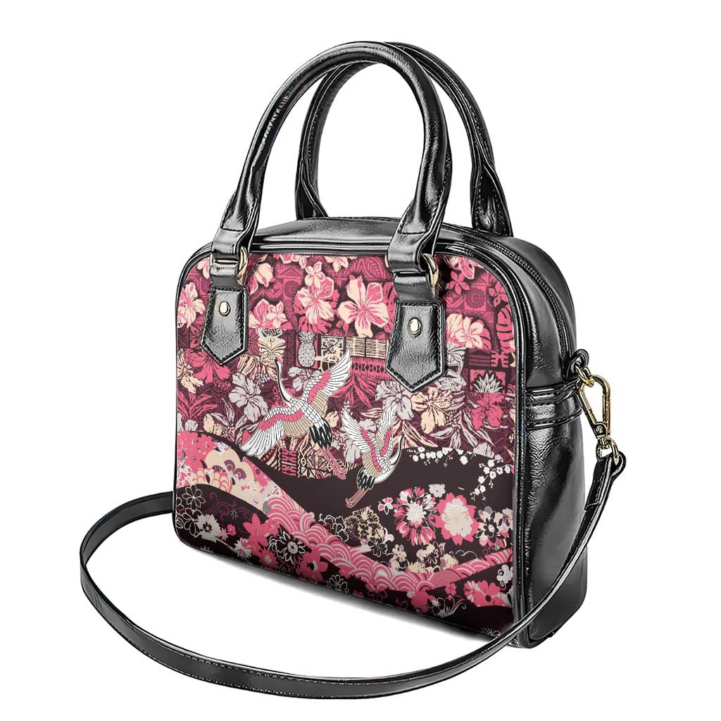 Japanese Hawaiian Crane Shoulder Handbag Soft Pink Tapa Patchwork Pattern LT9 - Polynesian Pride