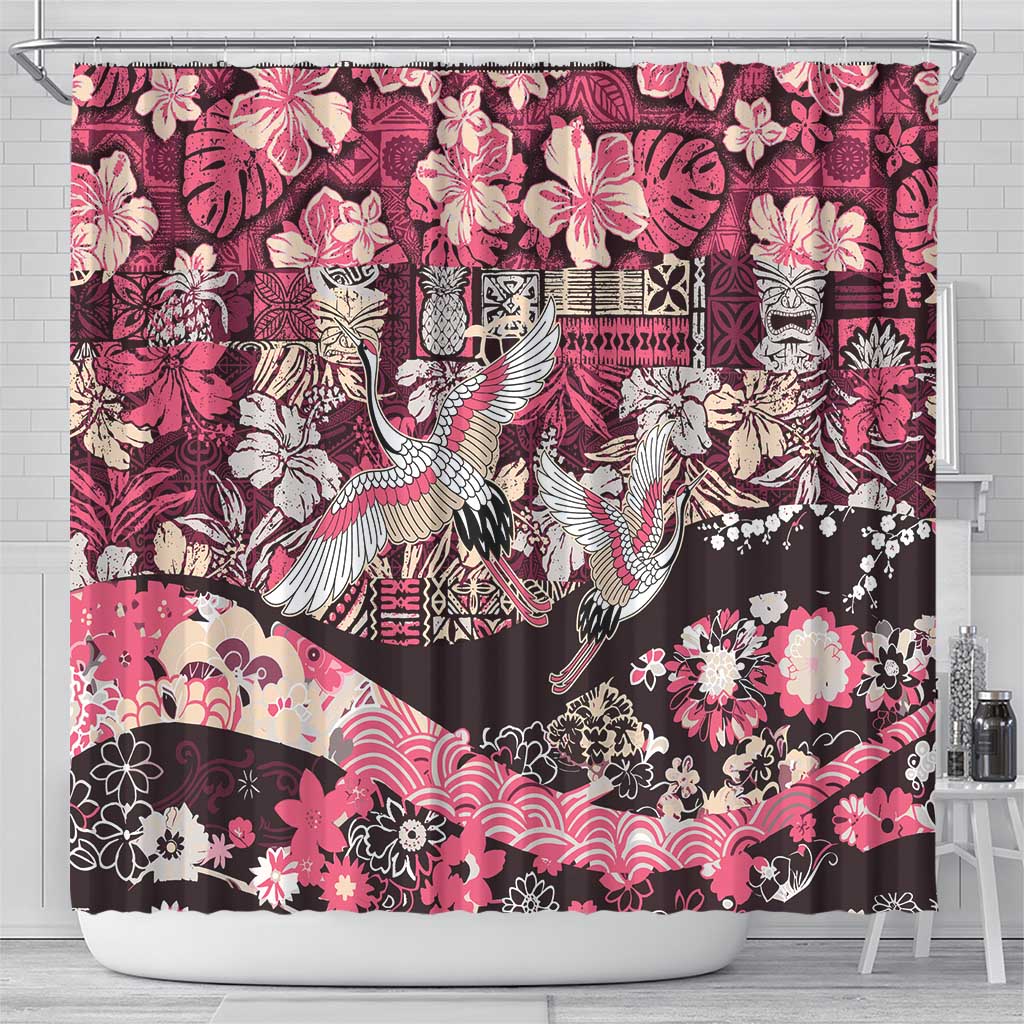 Japanese Hawaiian Crane Shower Curtain Soft Pink Tapa Patchwork Pattern LT9 - Polynesian Pride
