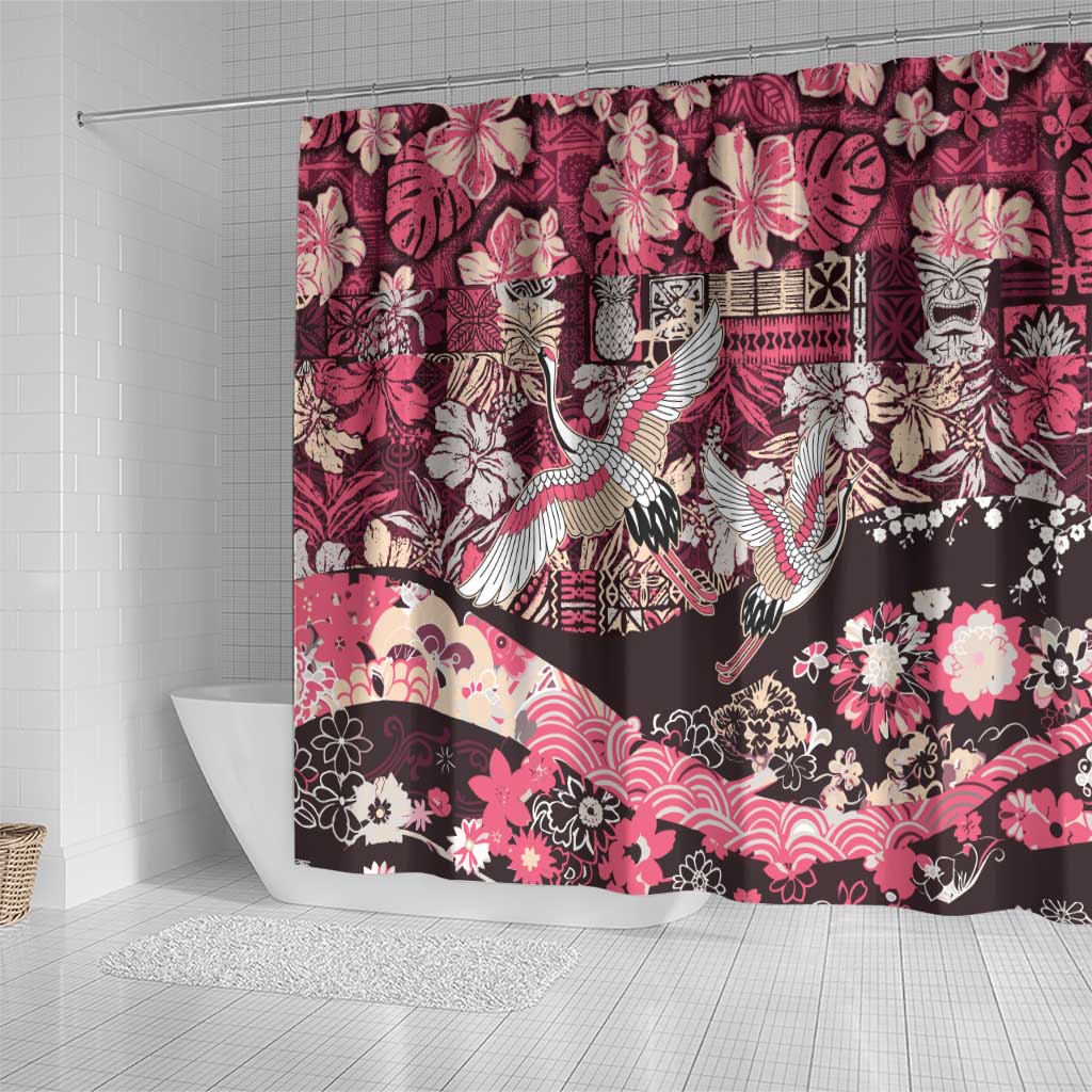 Japanese Hawaiian Crane Shower Curtain Soft Pink Tapa Patchwork Pattern LT9 - Polynesian Pride