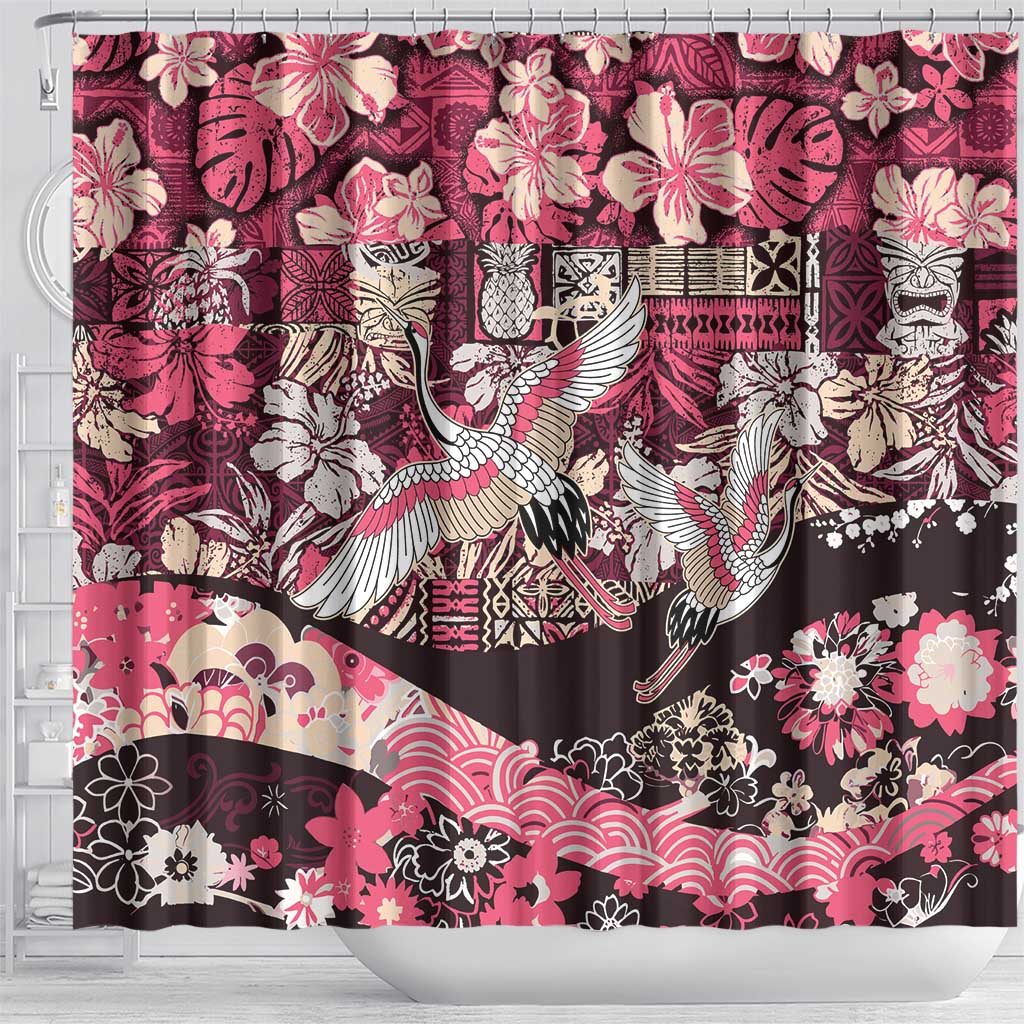Japanese Hawaiian Crane Shower Curtain Soft Pink Tapa Patchwork Pattern LT9 - Polynesian Pride