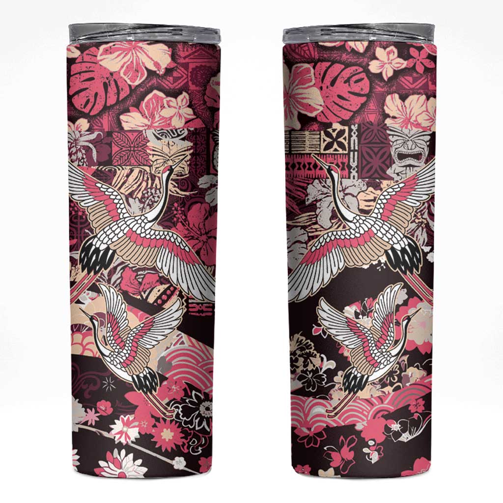 Japanese Hawaiian Crane Skinny Tumbler Soft Pink Tapa Patchwork Pattern LT9 Pink - Polynesian Pride
