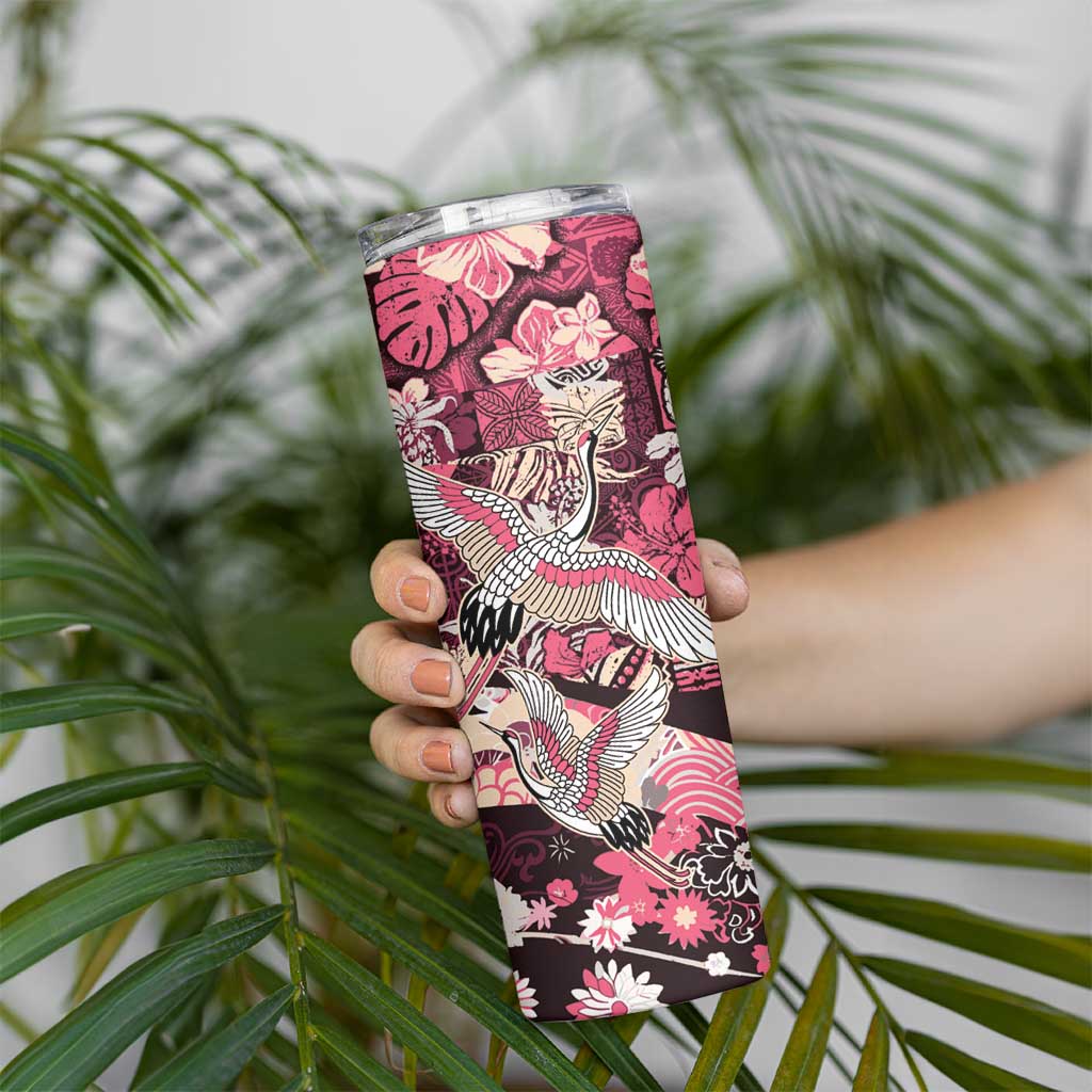 Japanese Hawaiian Crane Skinny Tumbler Soft Pink Tapa Patchwork Pattern LT9 - Polynesian Pride