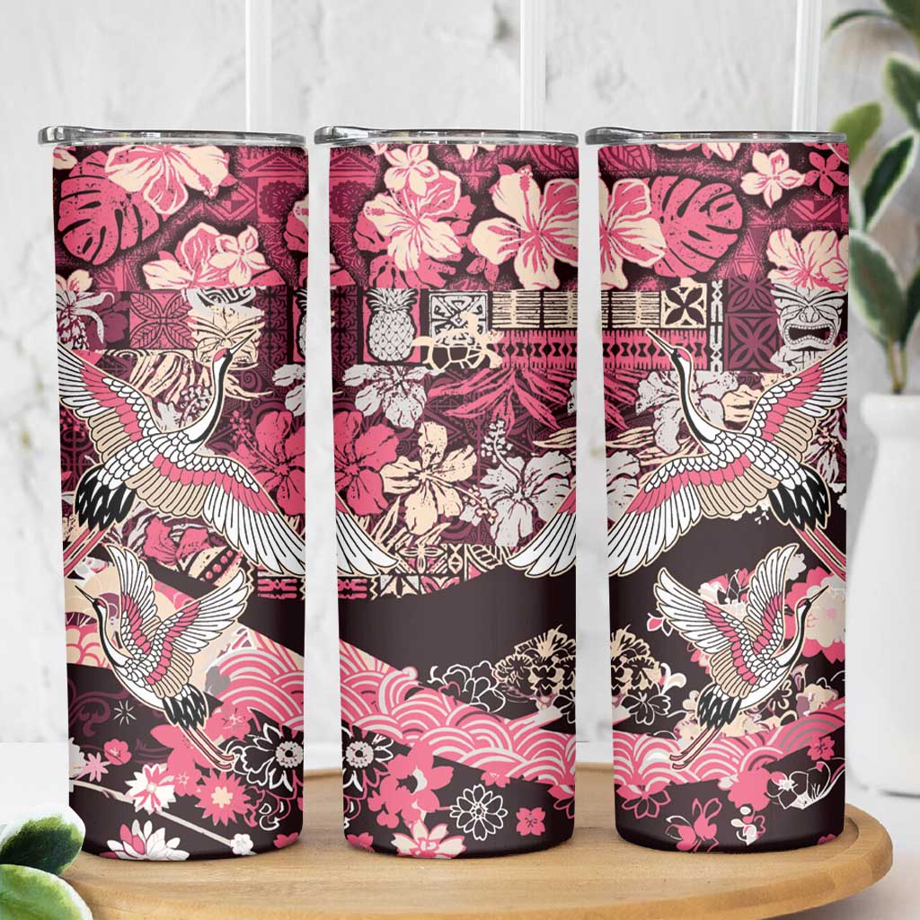 Japanese Hawaiian Crane Skinny Tumbler Soft Pink Tapa Patchwork Pattern LT9 - Polynesian Pride