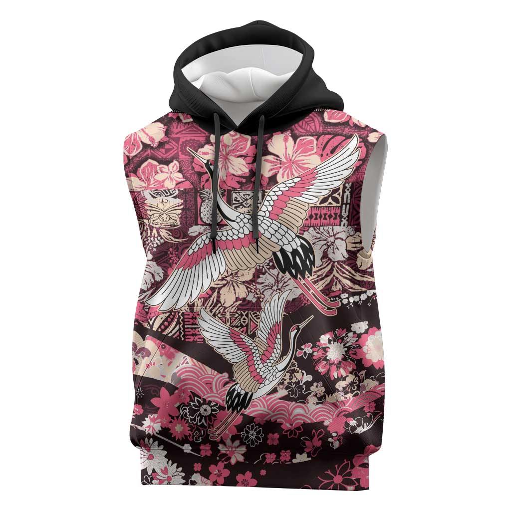 Japanese Hawaiian Crane Sleeveless Hoodie Soft Pink Tapa Patchwork Pattern LT9 Pink - Polynesian Pride