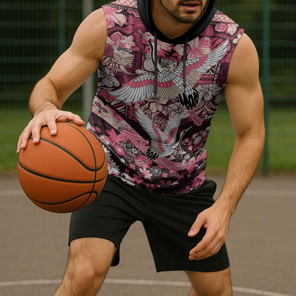 Japanese Hawaiian Crane Sleeveless Hoodie Soft Pink Tapa Patchwork Pattern LT9 - Polynesian Pride