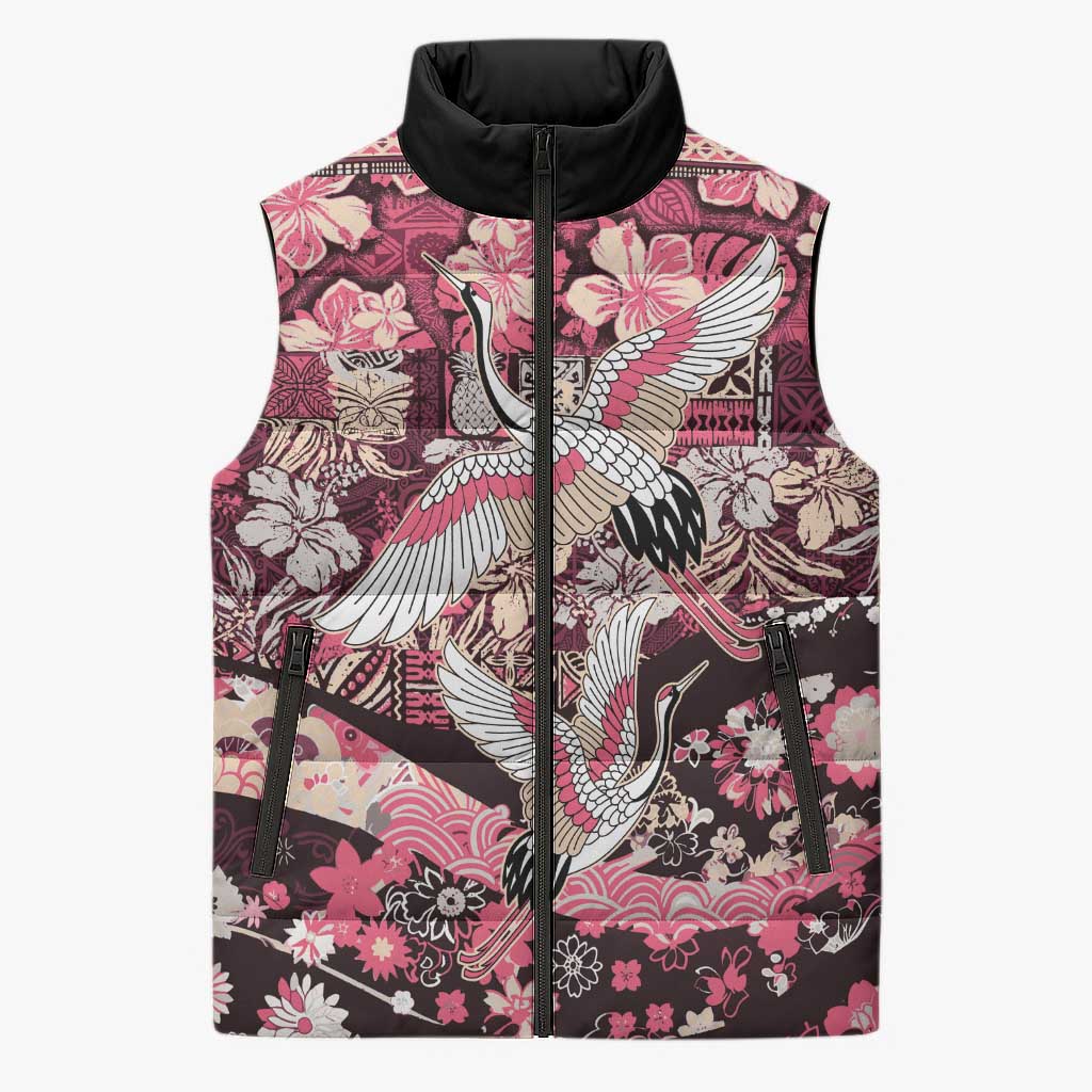 Japanese Hawaiian Crane Sleeveless Puffer Jacket Soft Pink Tapa Patchwork Pattern LT9 Unisex Pink - Polynesian Pride