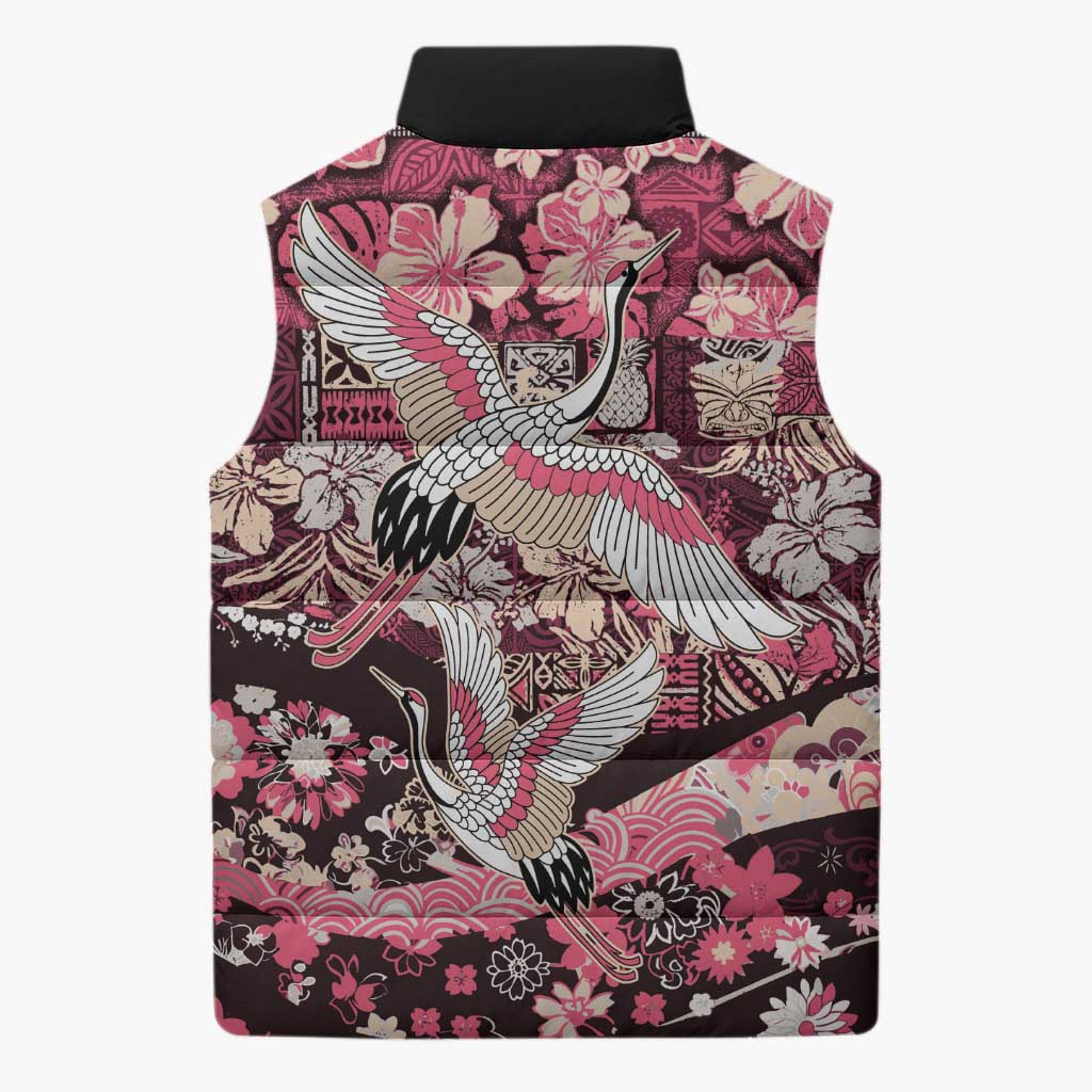 Japanese Hawaiian Crane Sleeveless Puffer Jacket Soft Pink Tapa Patchwork Pattern LT9 - Polynesian Pride
