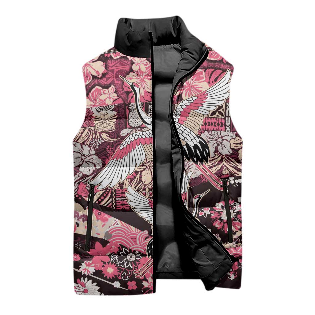 Japanese Hawaiian Crane Sleeveless Puffer Jacket Soft Pink Tapa Patchwork Pattern LT9 - Polynesian Pride
