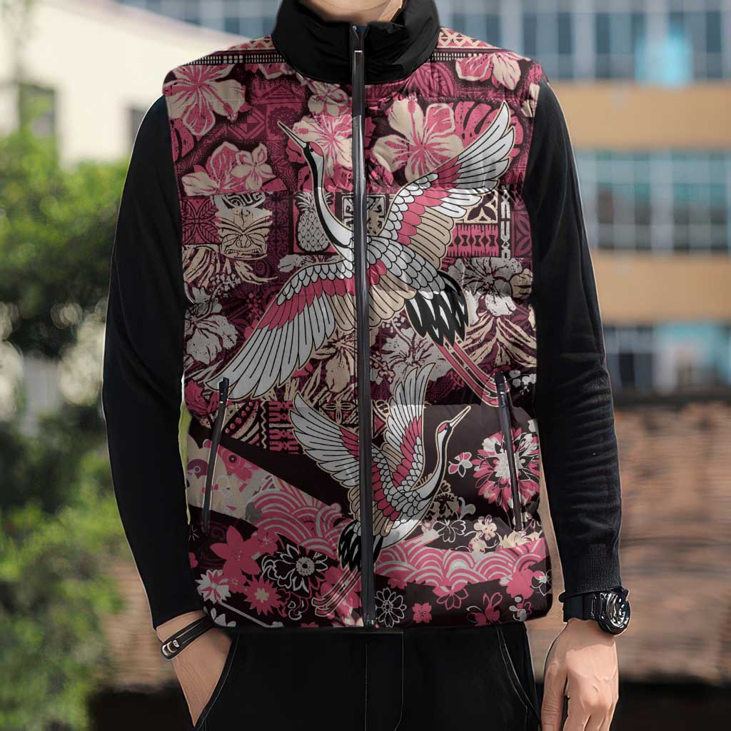 Japanese Hawaiian Crane Sleeveless Puffer Jacket Soft Pink Tapa Patchwork Pattern LT9 - Polynesian Pride