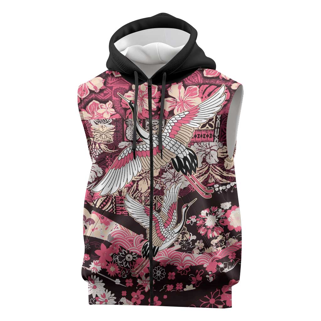Japanese Hawaiian Crane Sleeveless Zip Hoodie Soft Pink Tapa Patchwork Pattern