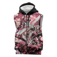 Japanese Hawaiian Crane Sleeveless Zip Hoodie Soft Pink Tapa Patchwork Pattern