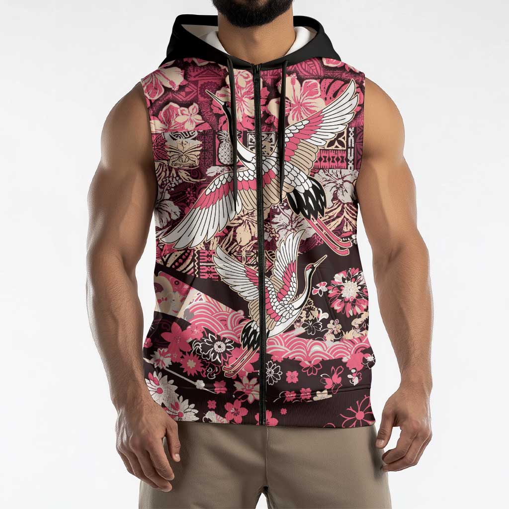 Japanese Hawaiian Crane Sleeveless Zip Hoodie Soft Pink Tapa Patchwork Pattern