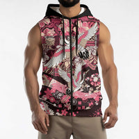 Japanese Hawaiian Crane Sleeveless Zip Hoodie Soft Pink Tapa Patchwork Pattern