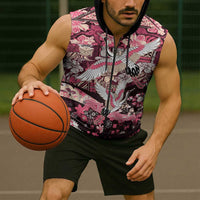 Japanese Hawaiian Crane Sleeveless Zip Hoodie Soft Pink Tapa Patchwork Pattern