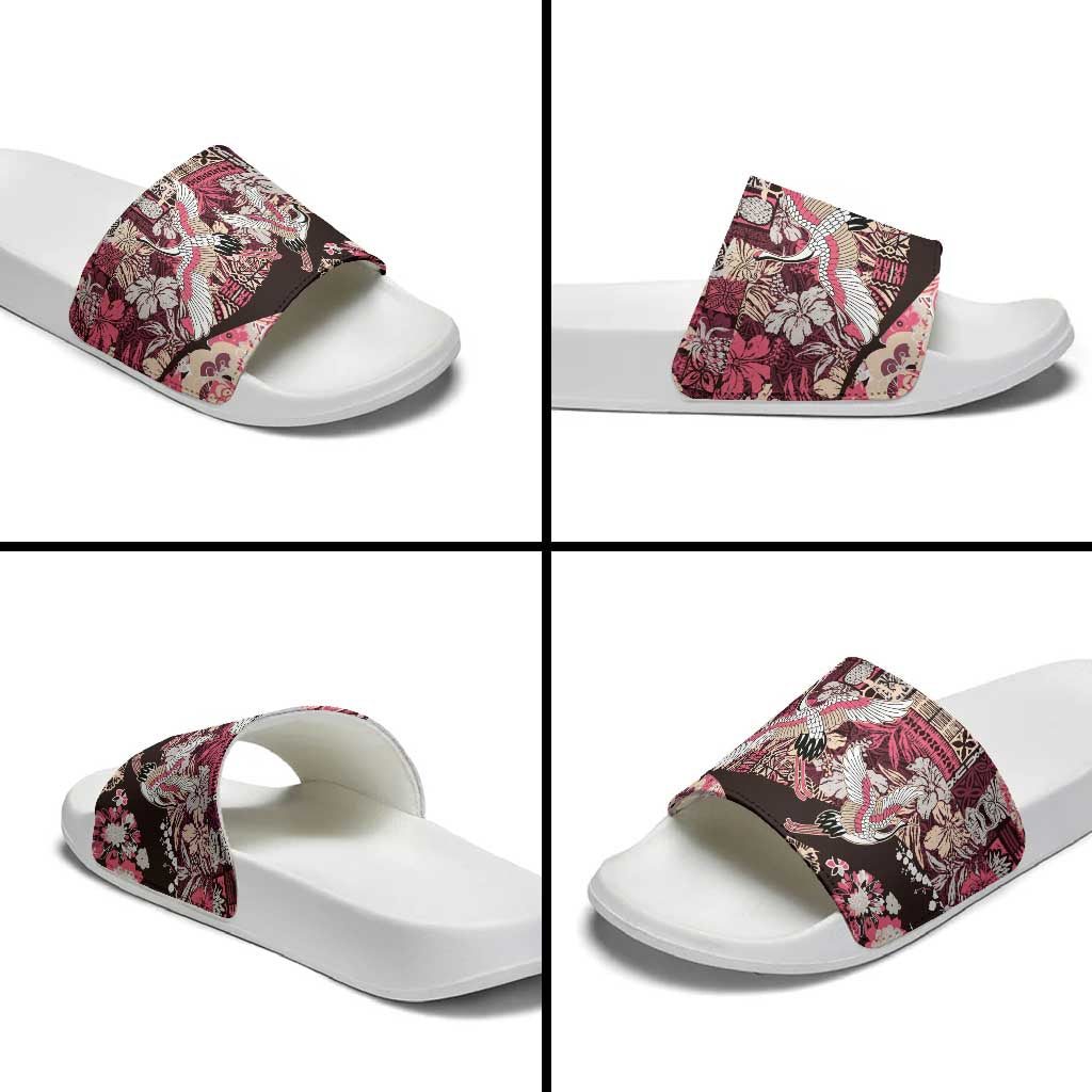 Japanese Hawaiian Crane Slide Sandals Soft Pink Tapa Patchwork Pattern LT9 - Polynesian Pride