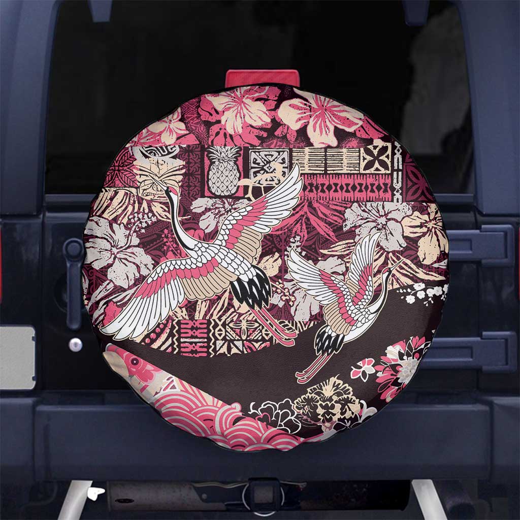 Japanese Hawaiian Crane Spare Tire Cover Soft Pink Tapa Patchwork Pattern LT9 No hole Pink - Polynesian Pride