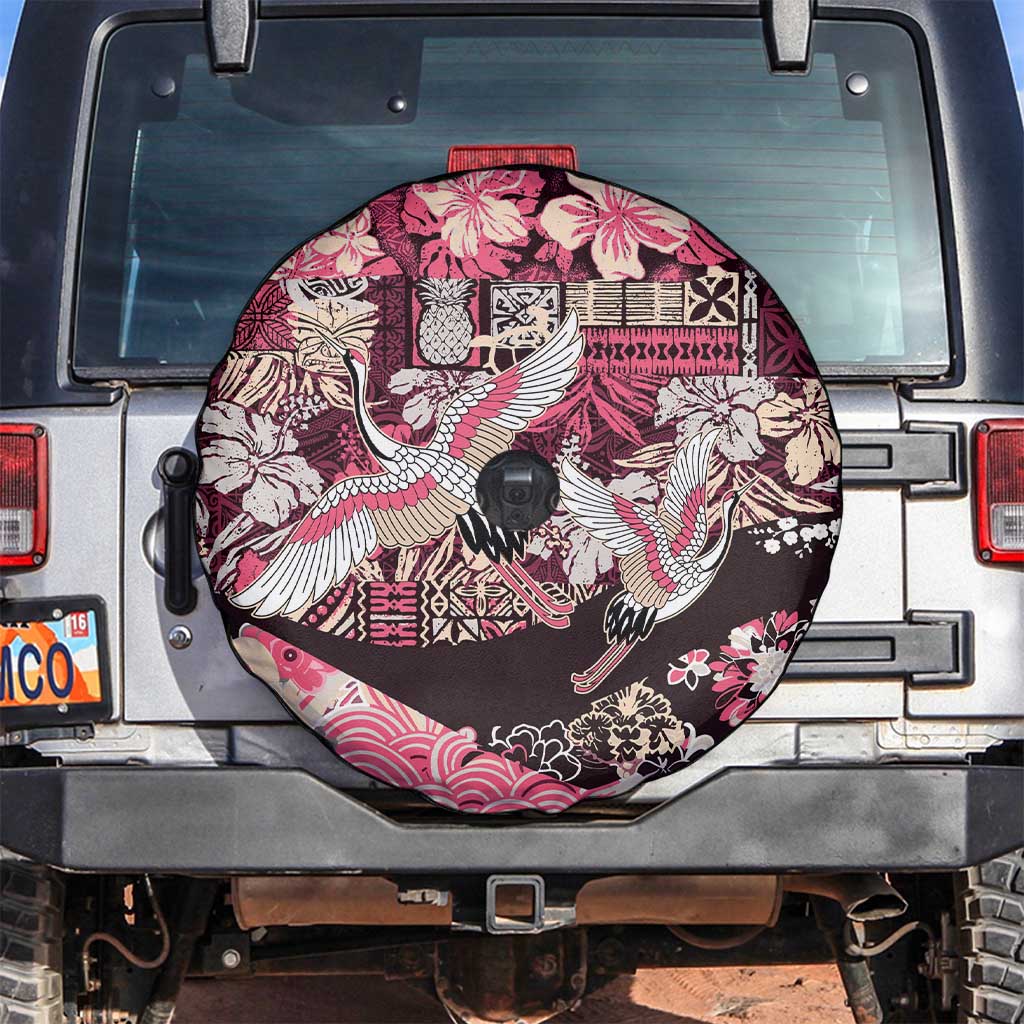 Japanese Hawaiian Crane Spare Tire Cover Soft Pink Tapa Patchwork Pattern LT9 Pink - Polynesian Pride