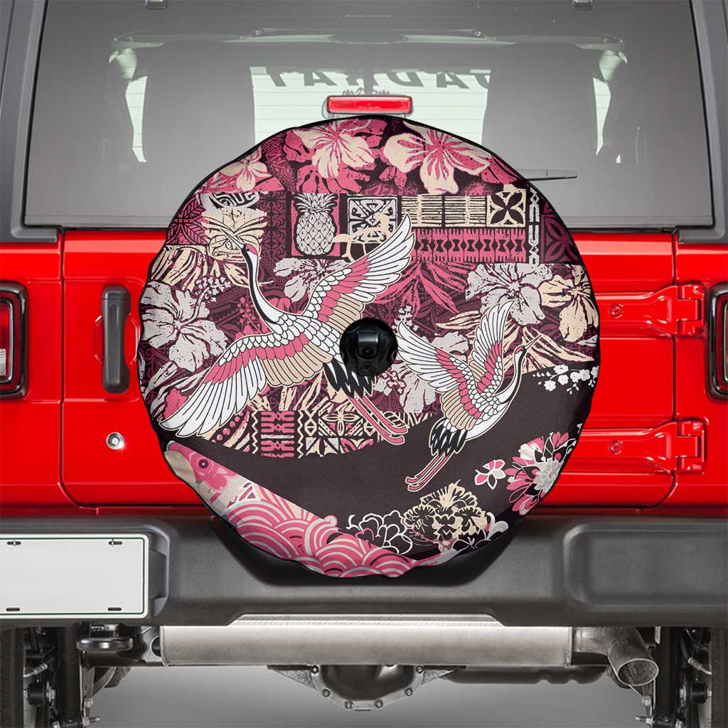 Japanese Hawaiian Crane Spare Tire Cover Soft Pink Tapa Patchwork Pattern LT9 - Polynesian Pride