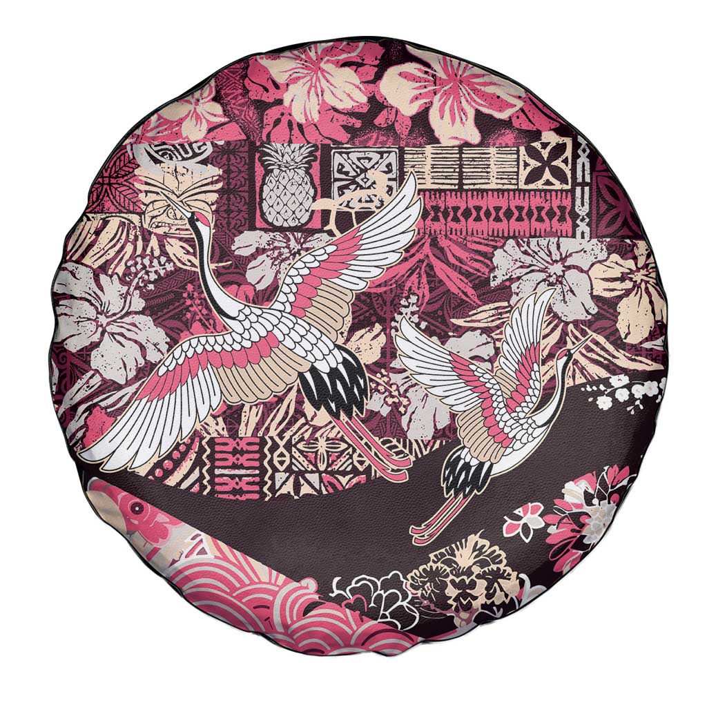 Japanese Hawaiian Crane Spare Tire Cover Soft Pink Tapa Patchwork Pattern LT9 - Polynesian Pride