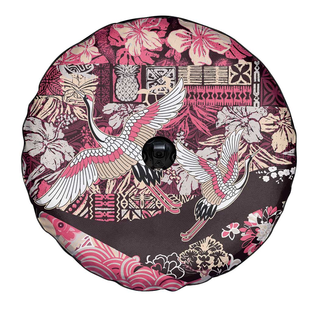 Japanese Hawaiian Crane Spare Tire Cover Soft Pink Tapa Patchwork Pattern LT9 - Polynesian Pride