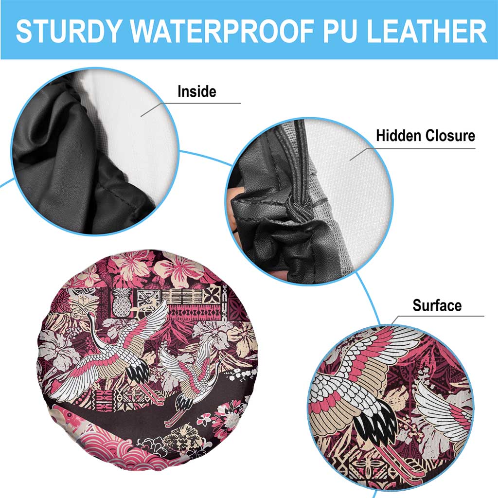 Japanese Hawaiian Crane Spare Tire Cover Soft Pink Tapa Patchwork Pattern LT9 - Polynesian Pride