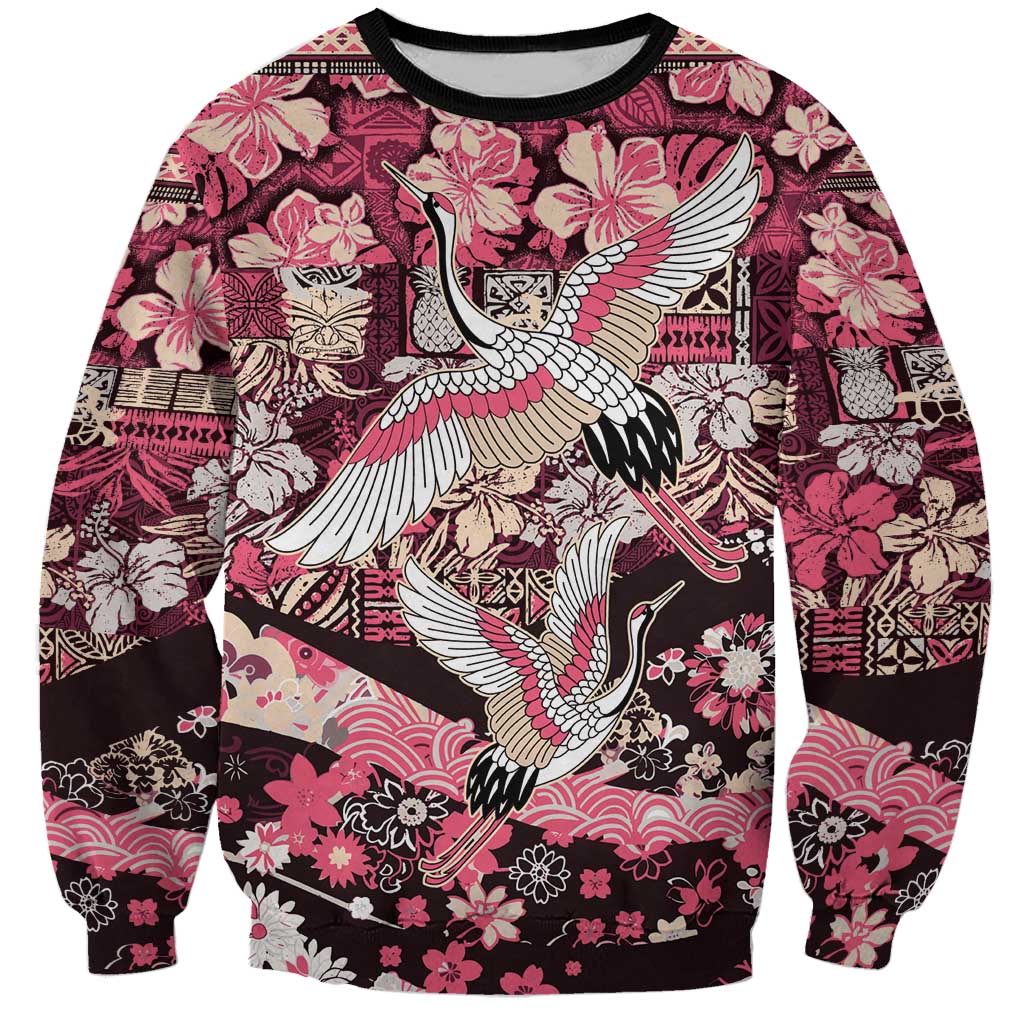 Japanese Hawaiian Crane Sweatshirt Soft Pink Tapa Patchwork Pattern LT9 Unisex Pink - Polynesian Pride