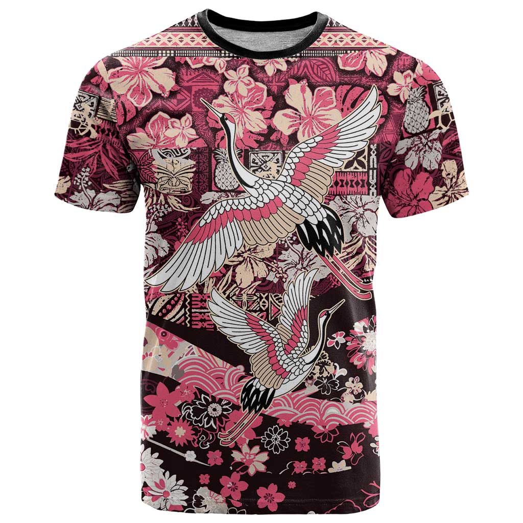 Japanese Hawaiian Crane T Shirt Soft Pink Tapa Patchwork Pattern LT9 Pink - Polynesian Pride