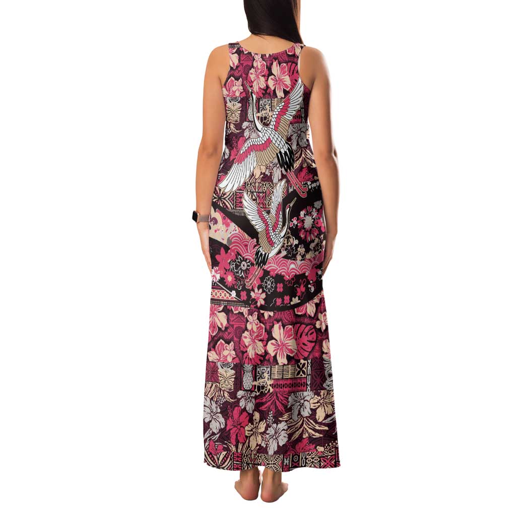 Japanese Hawaiian Crane Tank Maxi Dress Soft Pink Tapa Patchwork Pattern LT9 - Polynesian Pride