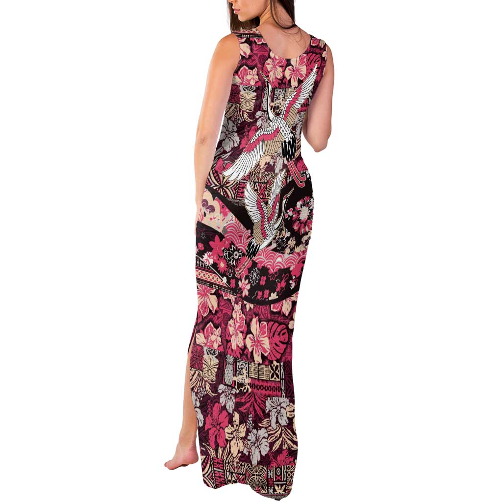 Japanese Hawaiian Crane Tank Maxi Dress Soft Pink Tapa Patchwork Pattern LT9 - Polynesian Pride