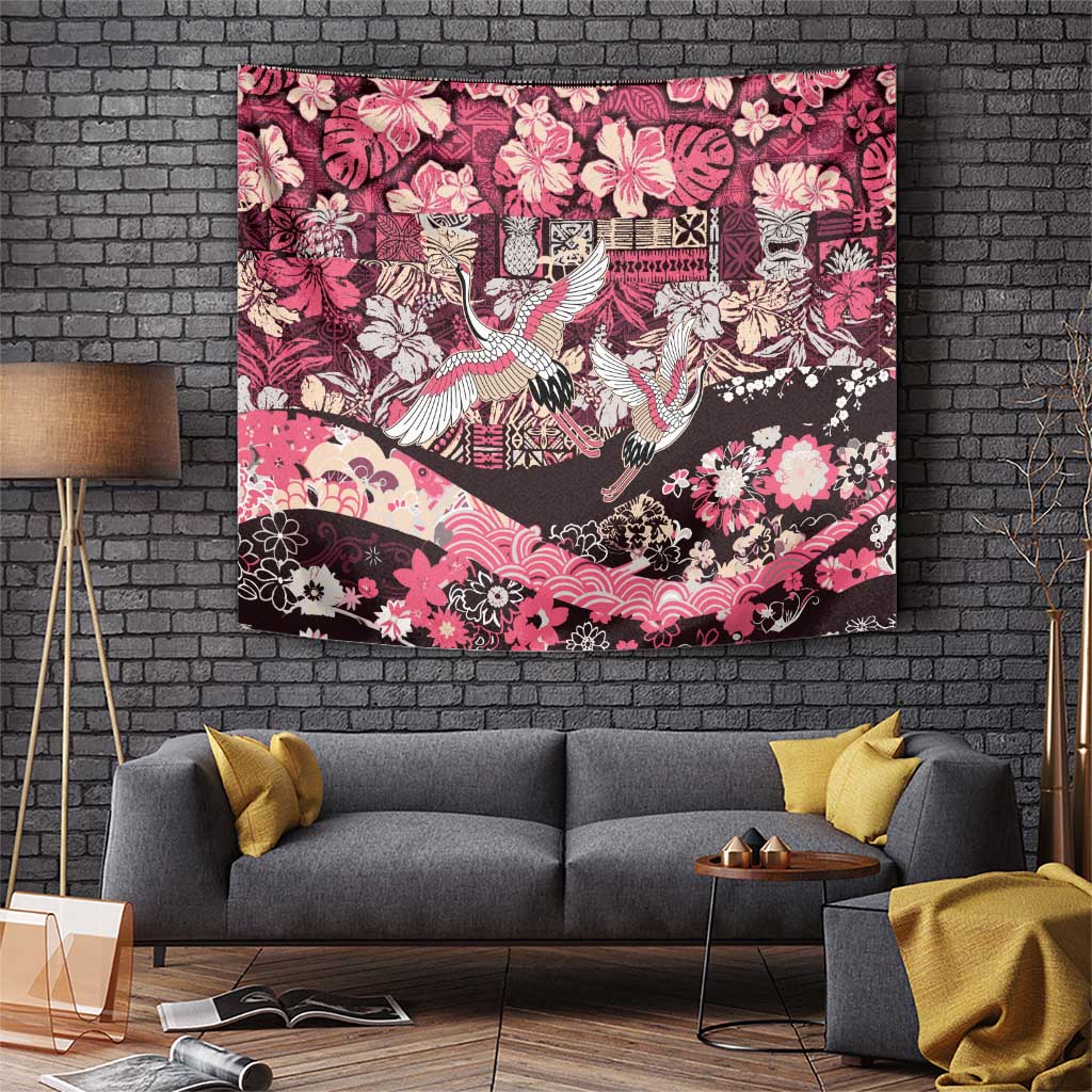Japanese Hawaiian Crane Tapestry Soft Pink Tapa Patchwork Pattern LT9 Pink - Polynesian Pride
